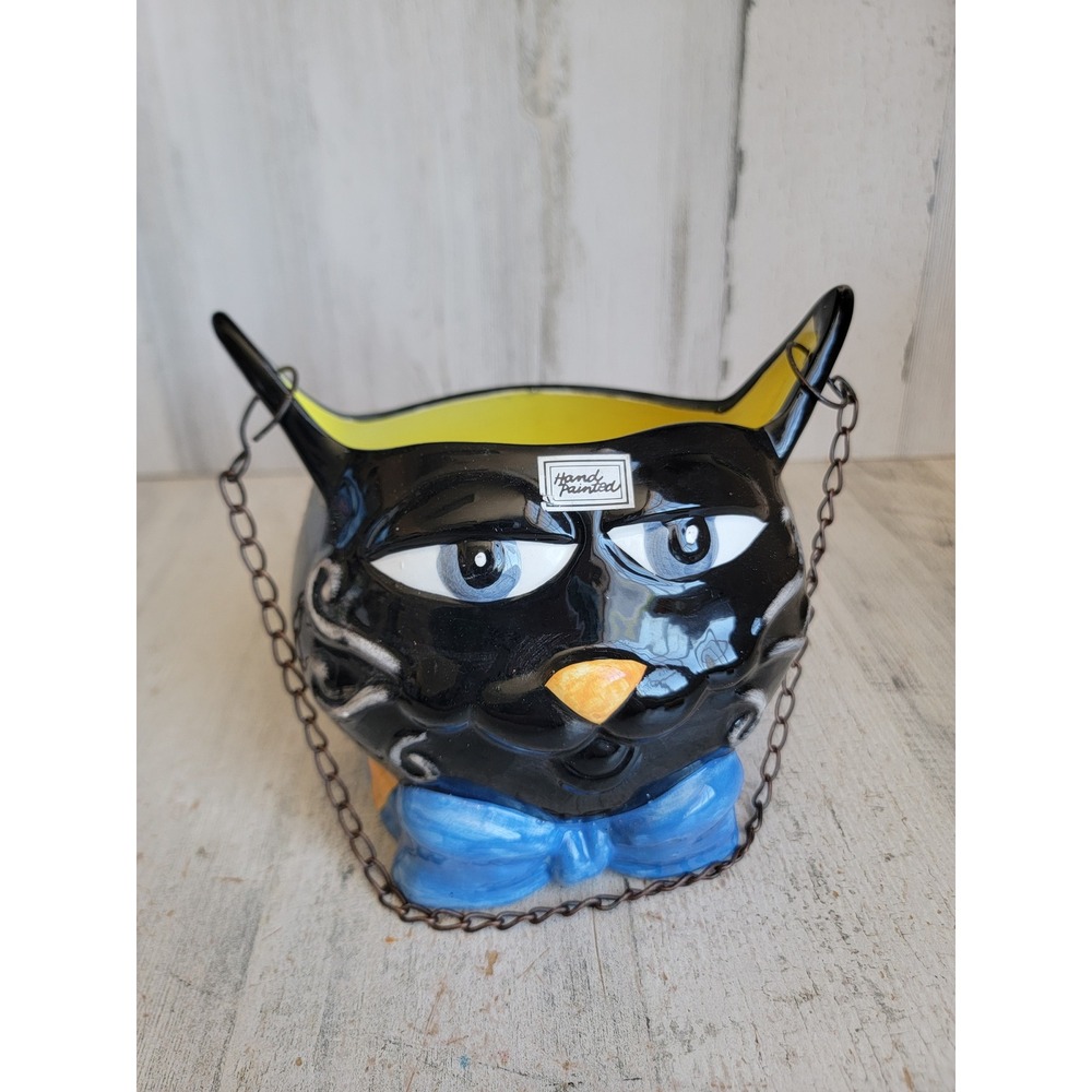 Vintage black cat hanging ceramic Halloween planter pot candy dish home